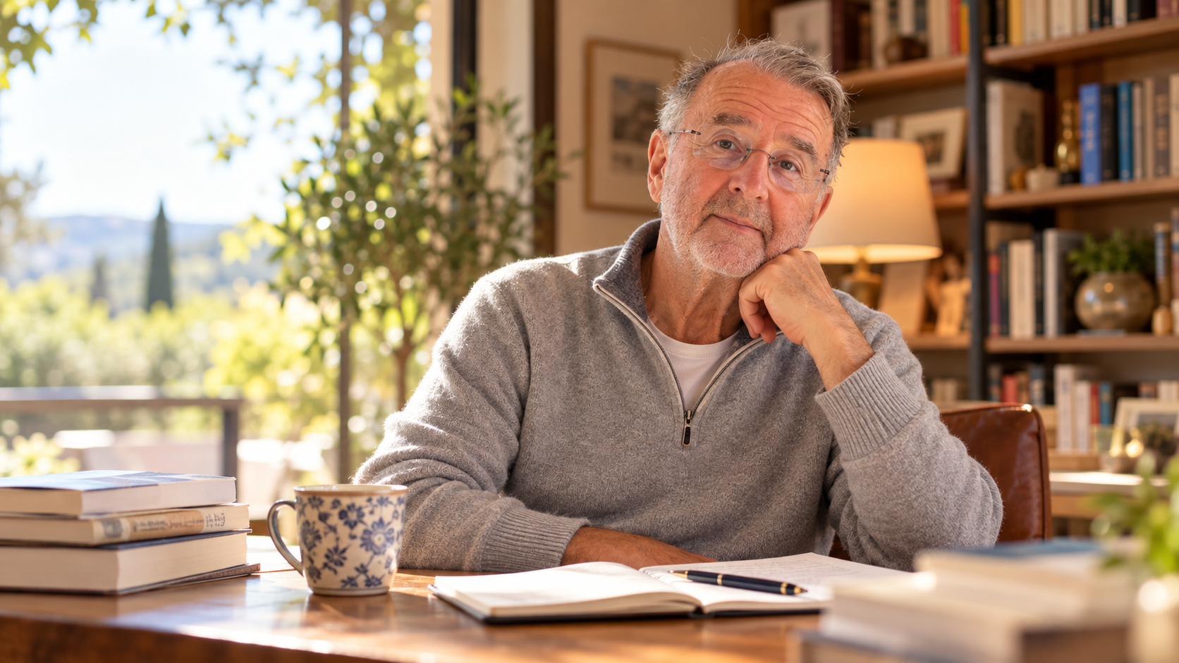 Michel Rederon dans un intérieur chaleureux entouré de livres