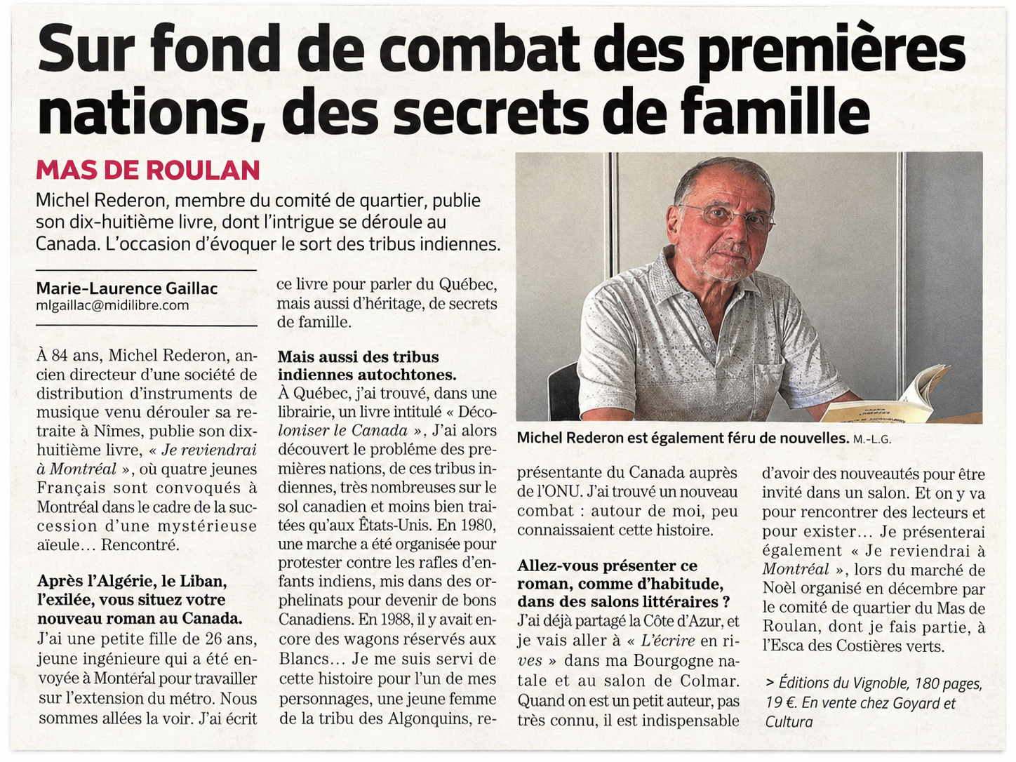 Article Midi Libre sur Je reviendrai à Montréal